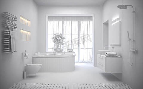 现代卫浴的白色内饰3d 渲染