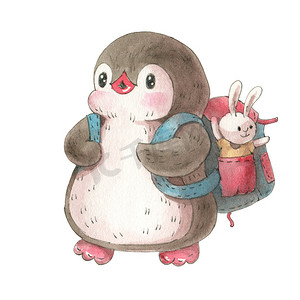 冬季插图与滑稽卡通企鹅与一个玩具兔子孤立在一个白色的背景。水彩和墨水画. 