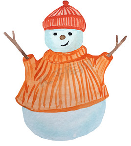 穿着毛衣和帽子的卡通雪人。用于设计海报、印刷品、卡片的水彩手绘插图