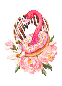 粉红色的火烈鸟和甜甜圈时尚水彩插图白色背景。异国情调的艺术背景。带巧克力和鲜花的甜沙漠, 热带鸟。织物设计, 墙纸, 纺织品和