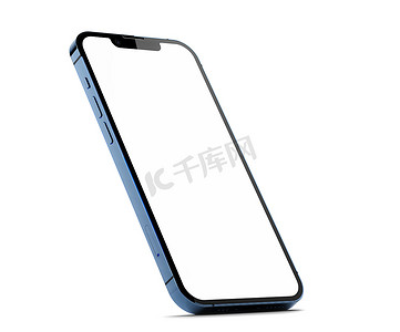 iPhone 13 Pro in Sierra Blue color 。透视视图中的空白屏幕模板，站在边缘