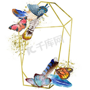 奇特的蝴蝶在水彩风格的野生昆虫。框边框装饰广场。昆虫的全名: 蝴蝶。水彩画的背景, 质地, 包装图案或纹身的野生昆虫.