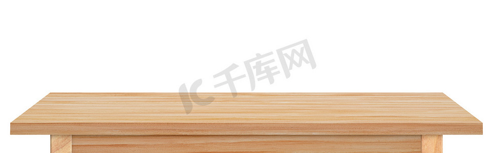 空白的木制台面，白色背景隔离。陈列柜木,用于摆放或展示蒙太奇产品.
