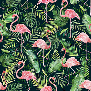 绿色的棕榈叶和火烈鸟在黑色背景上。水彩手绘无缝模式。热带的插图。茂密的丛林.