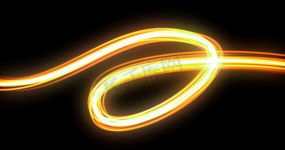 光波涡旋与霓虹灯光迹自旋,橙色黄色闪光痕迹效果. 车灯发光，光纤螺旋和神奇的强光，能量耀斑在黑色背景上旋转