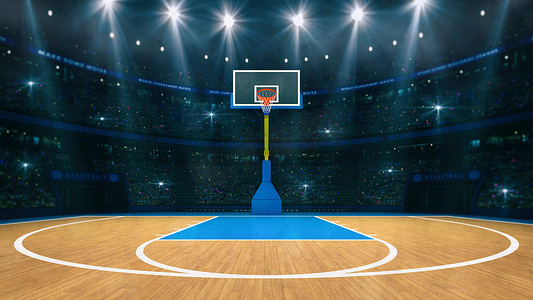 体育背景摄影照片_篮球运动领域。从室内看篮球场的木制楼层.篮球篮筐前视镜.体育背景数字3D图解.