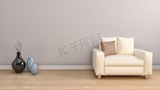 家具类摄影照片_白色单椅类家具和装饰的花瓶。3d 图