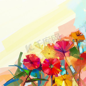 手绘春天摄影照片_抽象油画春天的花朵。黄色和红色的非洲菊花卉的静物写生.