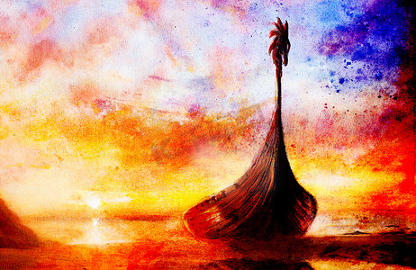 龙光甜蜜告白摄影照片_海盗船在海滩上，画在画布上，用木龙的船。和结构背景，红、 橙、 黄、 黑、 紫、 蓝颜色.