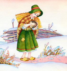 冬天水彩摄影照片_幅水彩画。中世纪可怜的女孩，在冬天的旷野上