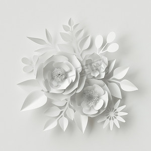 3d 渲染，数码插画，白色纸花、 花卉背景，婚礼卡
