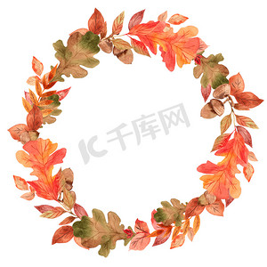 花环与秋天的树叶和橡子，水彩画花卉元素白色背景印刷，婚宴请柬