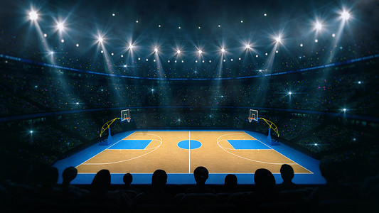 篮球场看台上的侧视图.从室内看篮球场的木制楼层.体育背景数字3D图解.