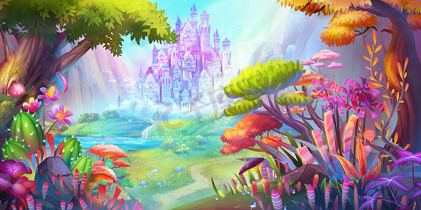 森林和城堡山和河。小说背景。概念艺术。逼真的插图。视频游戏数字Cg艺术品。自然风光.