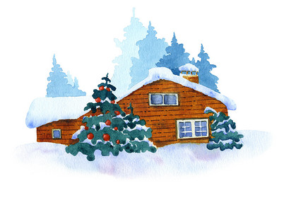冬天水彩摄影照片_在白色背景上被隔离的被划成水彩的雪而成的树在冬天的乡村房子的图片