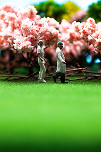 樱花树旁草地上行走的医护人员