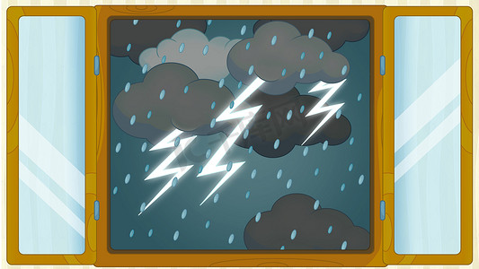 卡通场景窗口-暴风雨-打雷的天气