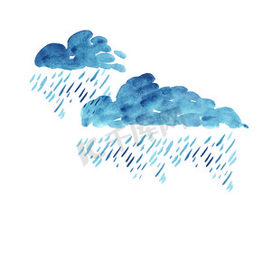 rain cloud watercolor. hand drawn paint rain.