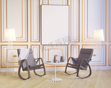 布局海报与椅子和新潮面料简约的内部背景3d 插图