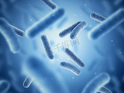 细菌。 细菌。 蓝色。 原核微生物。 3d说明.