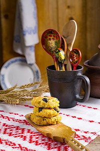 Pumpkin millet pancakes with raisins, russian countrystyle breakfast