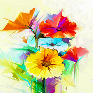 抽象油画的春天的花朵。静物的黄色、 粉红色和红色的非洲菊、 菊花