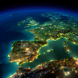 晚上地球。欧洲-西班牙、 葡萄牙、 法国一片