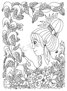 动物矢量图摄影照片_矢量图 zentangl 女童与雀斑看瓢虫在一朵花。涂鸦帧花、 花园、 森林，春天。着色图书动物抗应激的成年人。黑色白色.