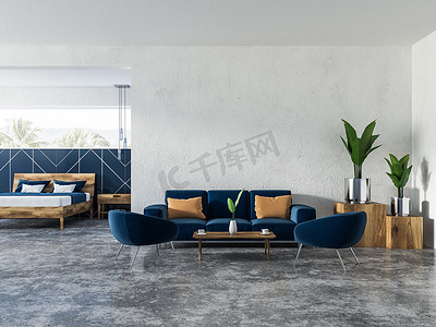 室内的蓝色和白色客厅与软蓝沙发和扶手椅附近的咖啡桌和卧室的背景。3d 渲染复制空间