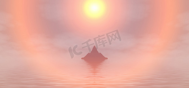 孤寂孤寂的佛寺静坐海景夕阳黄昏或清晨粉色橙色。3D渲染3D插图。美丽的海山落日，无论出于何种目的都是宏伟的设计.