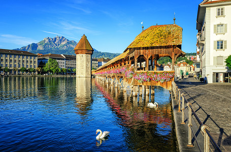 Wooden Chapel Bridge and Water Tower int Lucerne, Switzerland