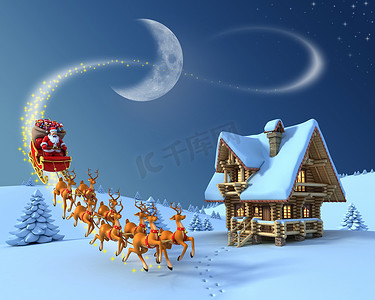 圣诞夜现场-圣诞老人乘坐驯鹿雪橇日志房子前面
