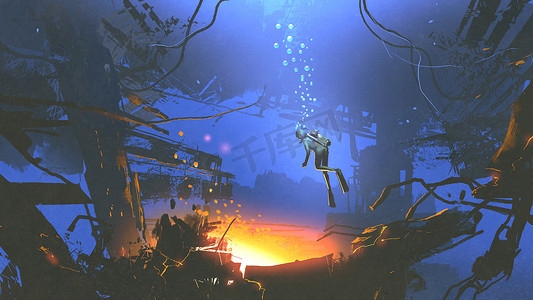 梦幻般的潜水员潜水现场发现了一个神秘的光, 而跳水, 数字艺术风格, 插图绘画