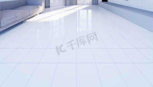 带网格线的白色瓷砖地板的三维渲染及具有透明玻璃门的闪亮反光透视、清洁、新形势下的背景.