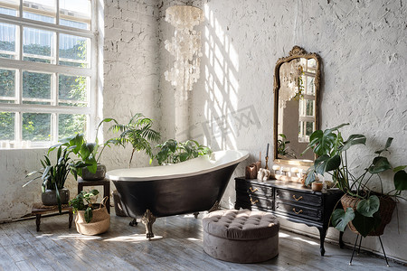 白色舒适浴室侧视图，带有黑色浴缸、木制经典梳妆台、镜子、装饰、植物和室内设计，风格时尚时尚。舒适和室内装潢的概念