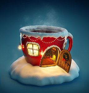 形状门摄影照片_惊人的童话房子装饰圣诞节与打开的门和壁炉里面的茶杯子的形状。不寻常的圣诞图.