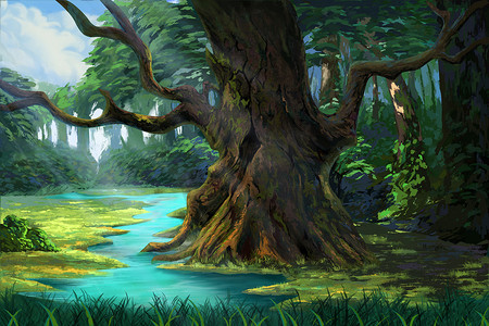 cg摄影照片_河边森林中的古树。视频游戏数字Cg艺术作品，概念插图，逼真的卡通风格背景