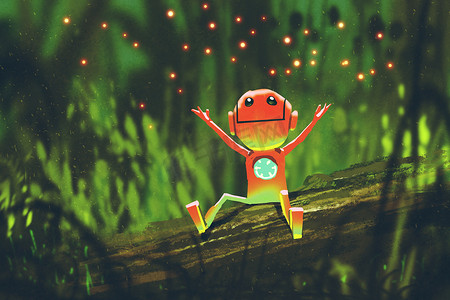可爱的机器人玩在森林里的萤火虫在夜里