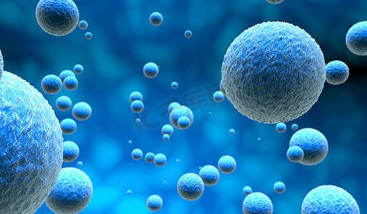 显微细胞在蓝色的背景，3d 图