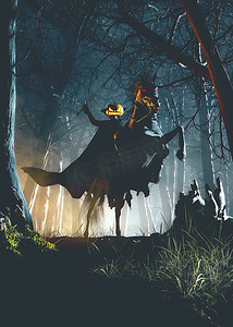 无头骑士骑魔马在雾蒙蒙的森林里-概念艺术- 3D渲染