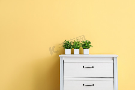 靠近黄墙的抽屉里挂着漂亮的室内植物