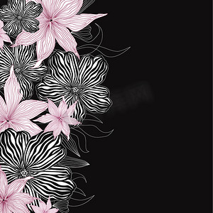 Black and white background with white and pink flowers border