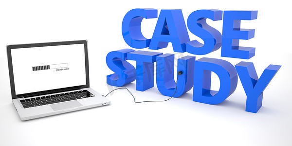 Case Study - laptop notebook computer connected to a word on white background. 3d render illustration.