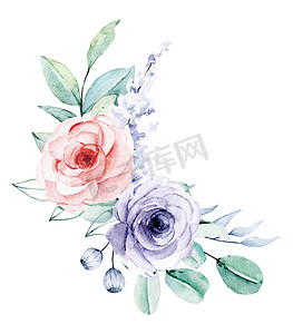 手绘动画窗户摄影照片_叶色水彩花，手绘花卉概念