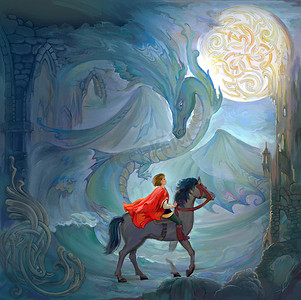 龙的主。油画在帆布上。中世纪的战士骑着马在幻想的凯尔特环境中。一个古老传说的说明.