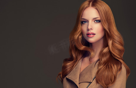 红头发的女孩, 长而闪亮的卷发。美丽的模型妇女与卷曲的发型。头发的护理和美容