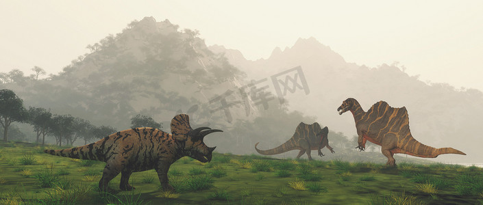 恐龙在山谷中的群山。这是一个3D渲染说明 . 