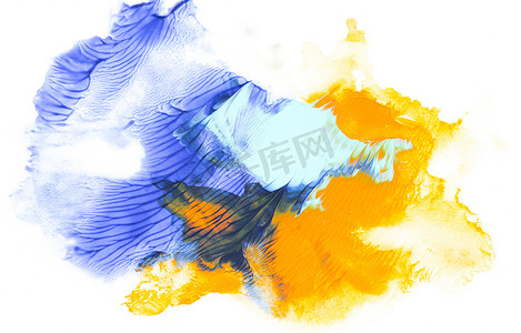 抽象画用蓝色和黄色绘画笔触在白色 