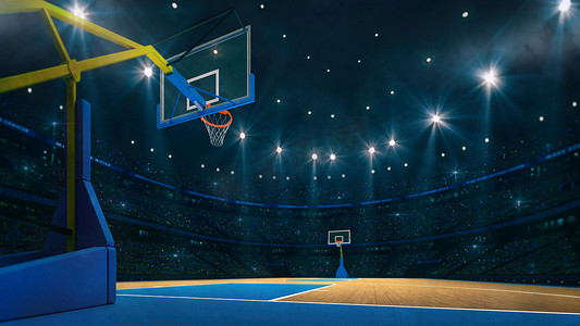 篮球赛封面摄影照片_篮球运动领域。从室内看篮球场的木制楼层.篮球运动是从后面开始的.体育背景数字3D图解.