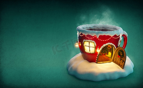 惊人的童话房子装饰圣诞节与打开的门和壁炉里面的茶杯子的形状。不寻常的圣诞图.